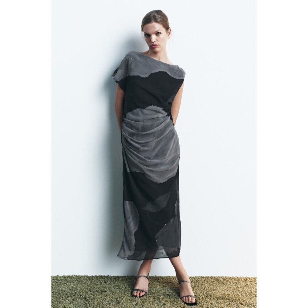 Zara Womens Midi Dress Size S Asymmetrical Sleeve Beaded Black Gray 1377/925 NWT